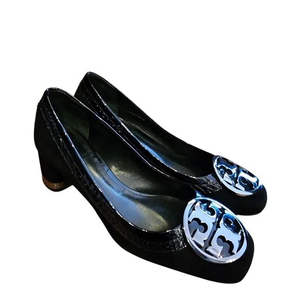 Tory Burch Women's Black Suede Heels Crocodile Embossed Trim Silver Sz 6.5 EUC - Picture 2 of 9